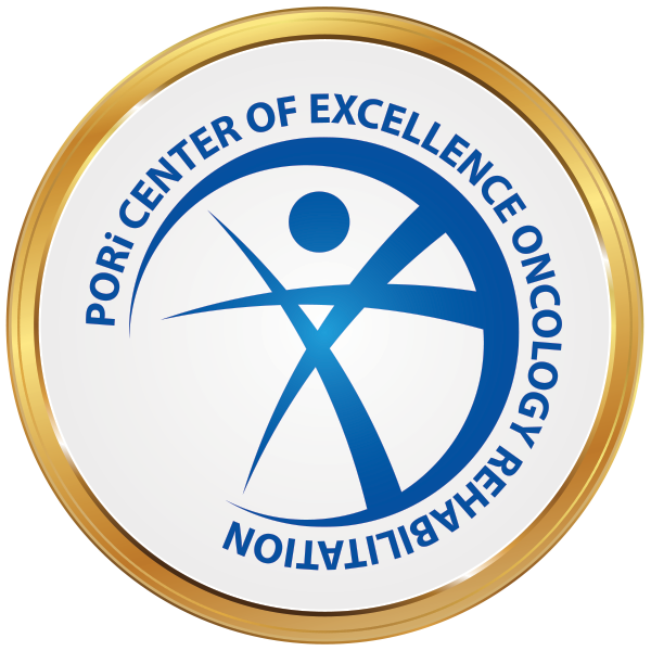 PORi Center of Excellence Badge - a PORi COE exemplifies best practice in providing specialized oncology rehabilitation services for patients who have been diagnosed with any type of cancer in any phase of cancer treatment or survivorship.